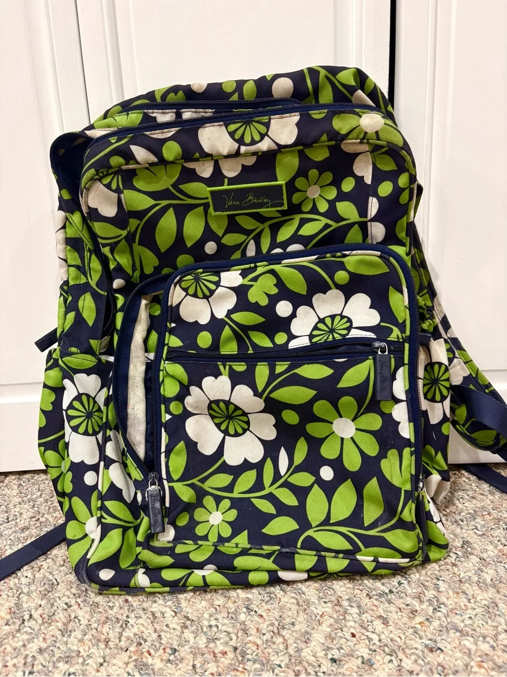 Vera Bradley Navy Floral Backpack with Green and White Pattern